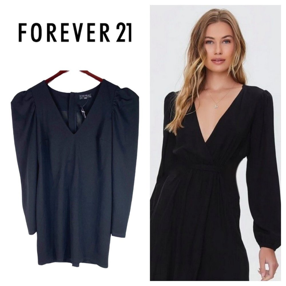 New Forever 21 Mini Shift Dress 2X XXL 18 20 Black Shirred Puffed Sleeve V-Neck